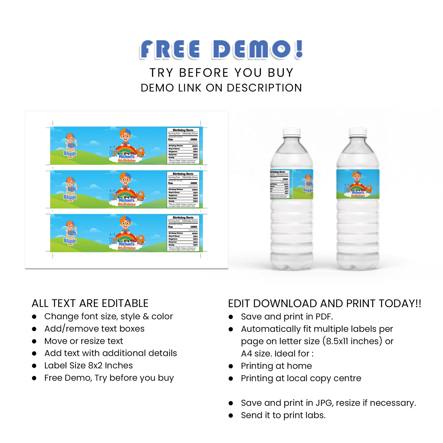 Blippi water bottle labels for kids birthday party drinks
