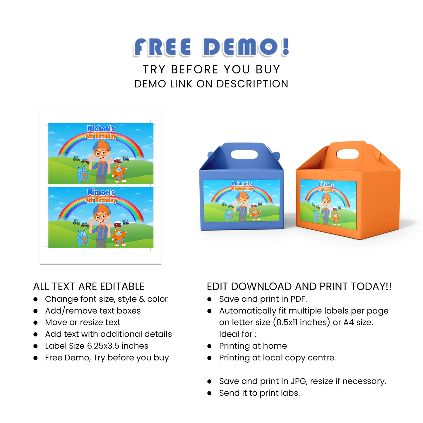 Blippi treat box labels for kids birthday party favors