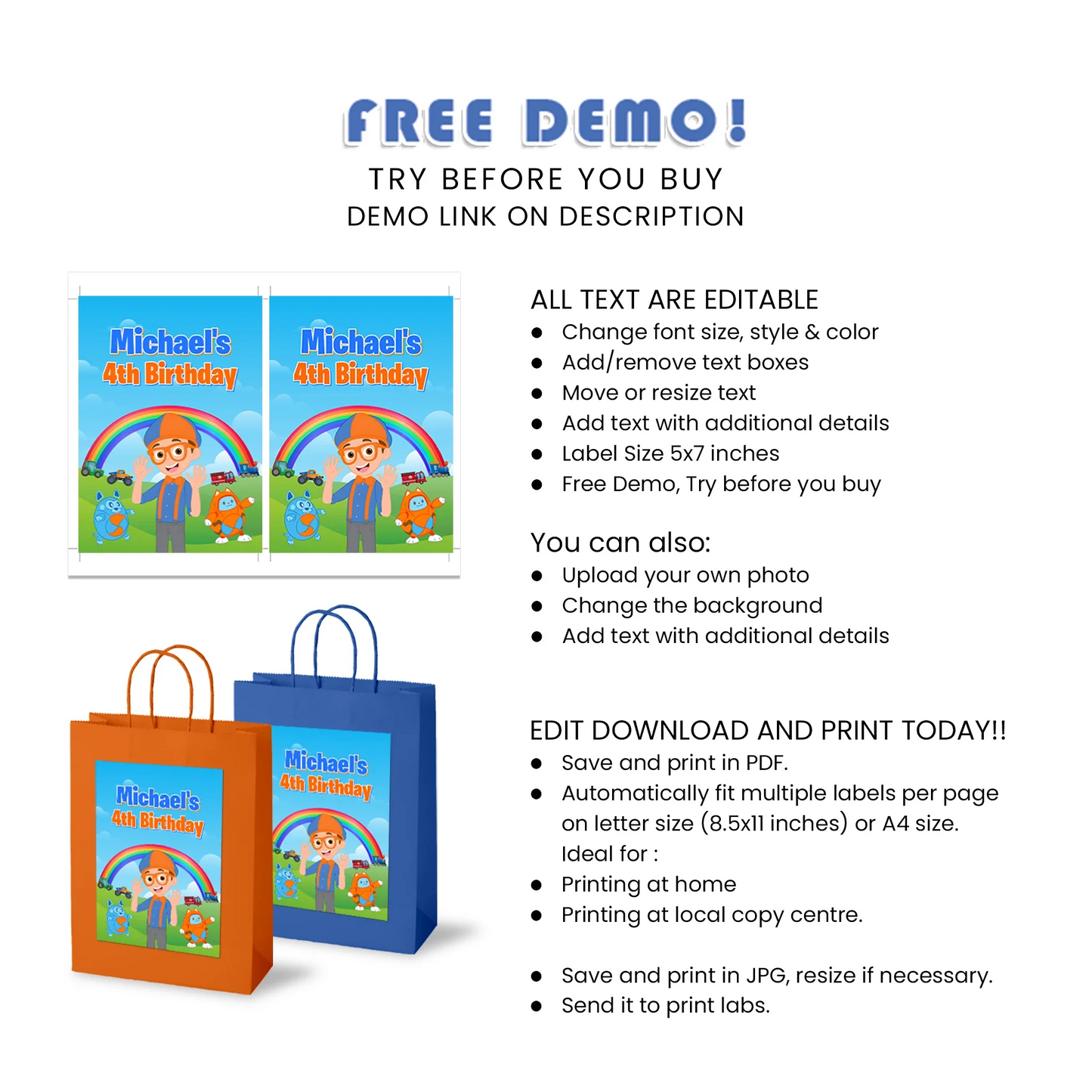 Blippi goodie bag labels for themed kids party bags