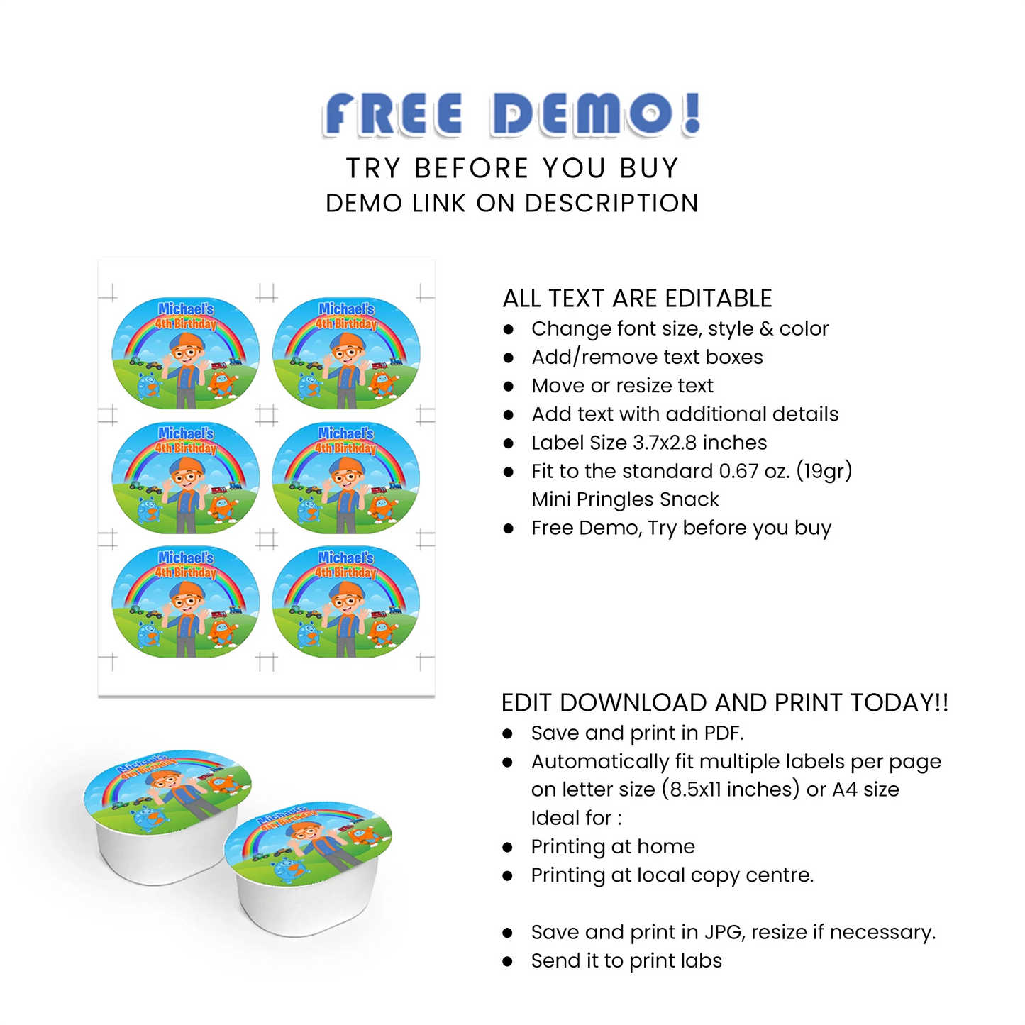 Blippi mini Pringles labels for themed kids party snacks