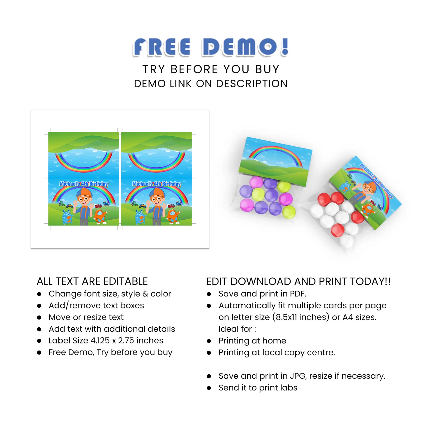 Blippi treat bag topper labels for kids birthday favors