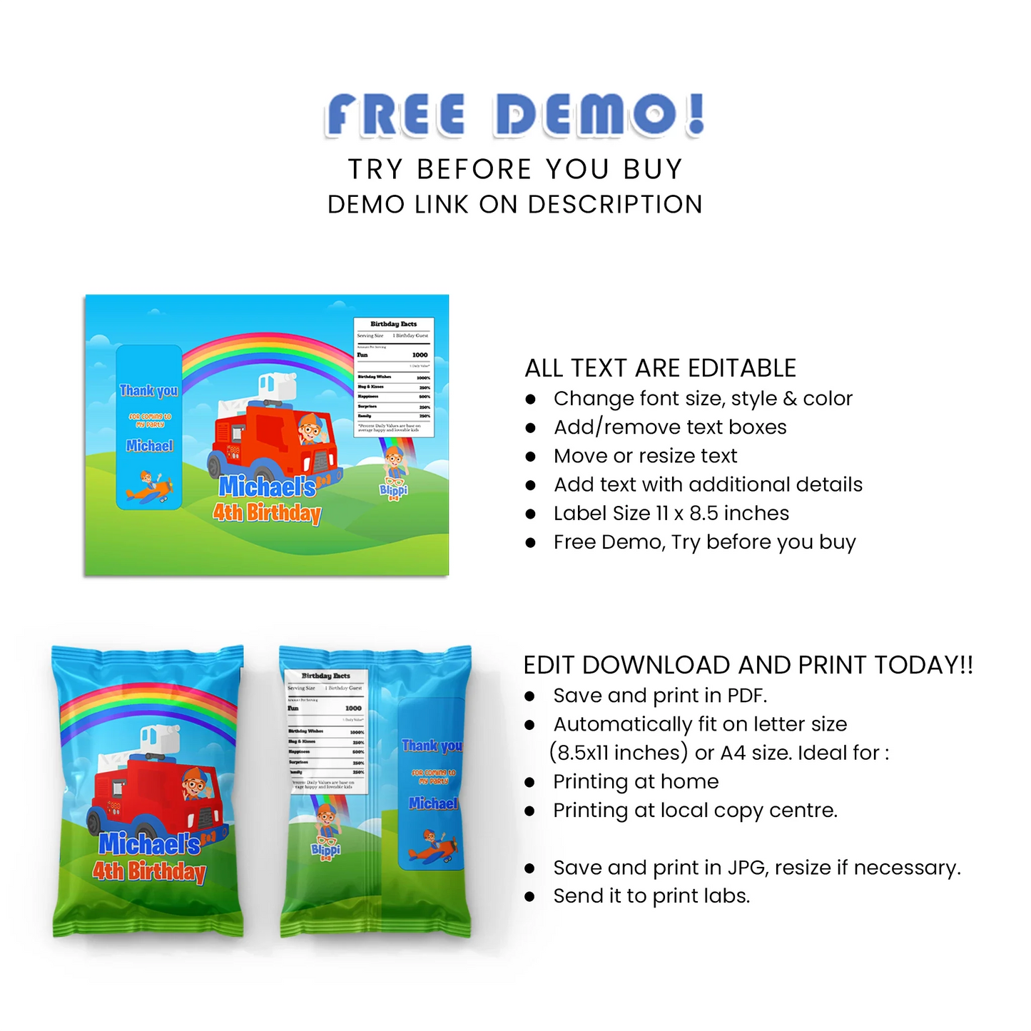 Blippi chips bag labels for fun kids birthday parties