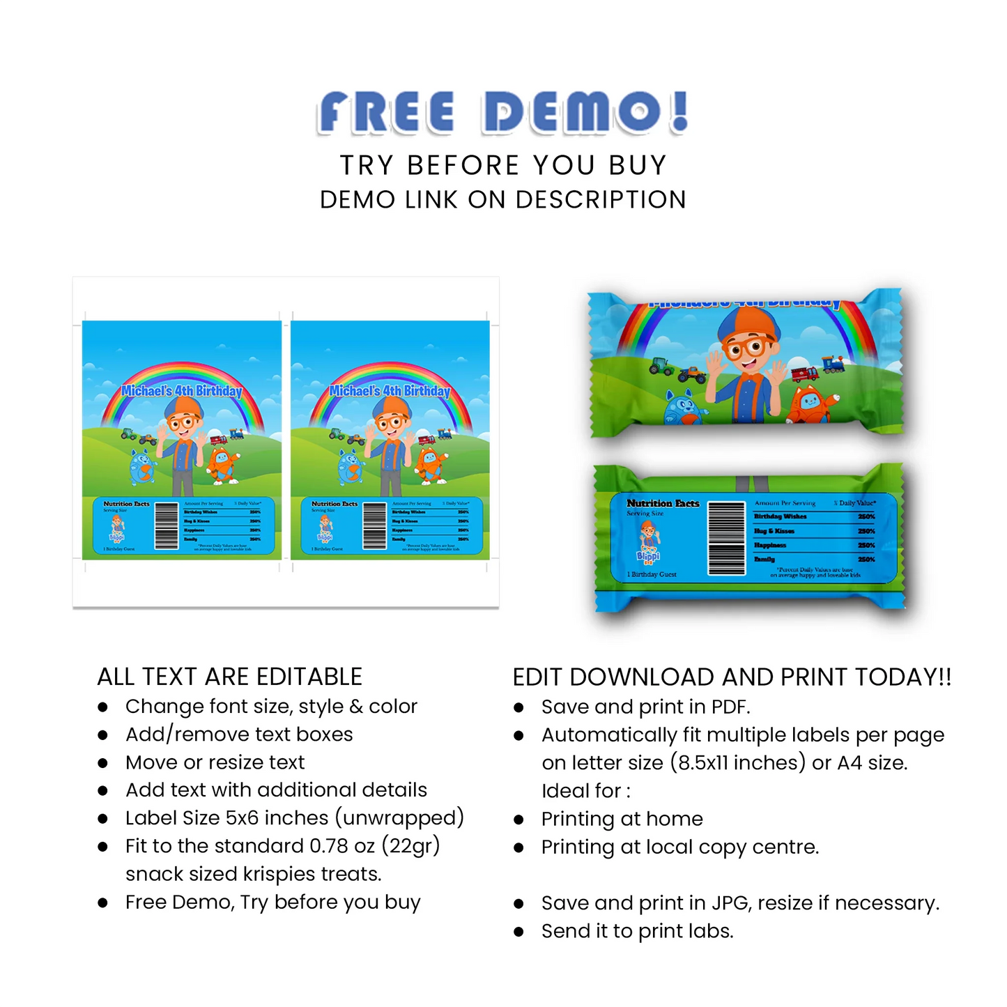 Blippi Rice Krispies treats and candy bar labels for parties