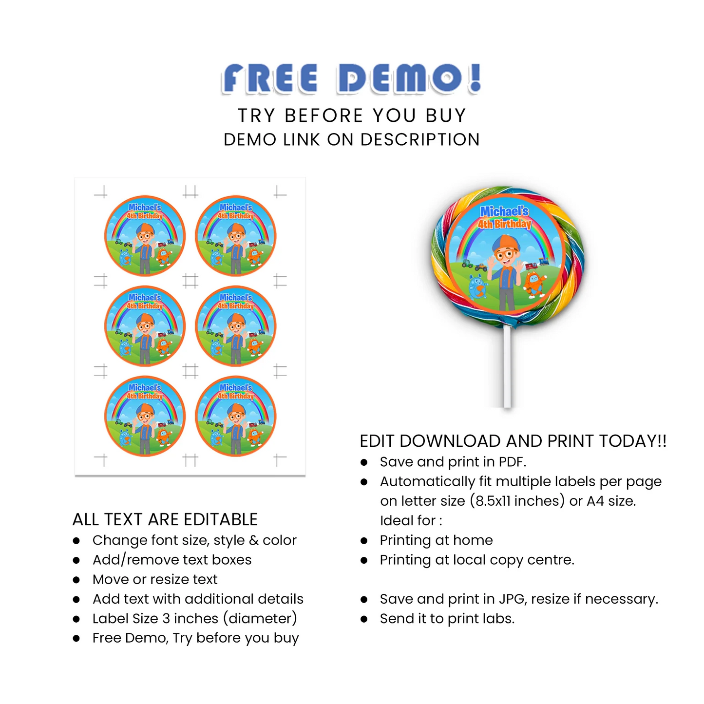 Blippi lollipop labels for kids birthday party favors