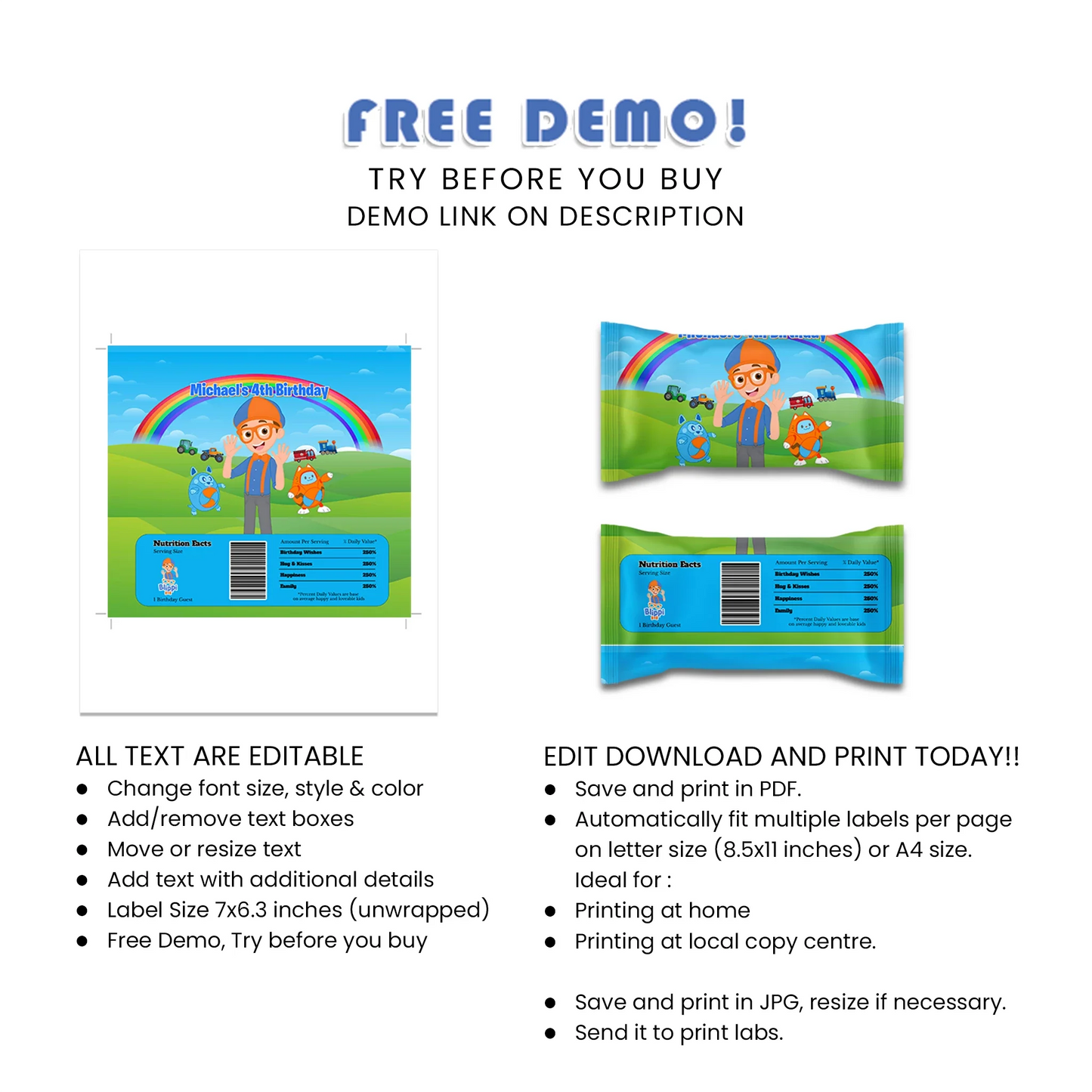 Blippi Skittles labels for colorful kids birthday treats