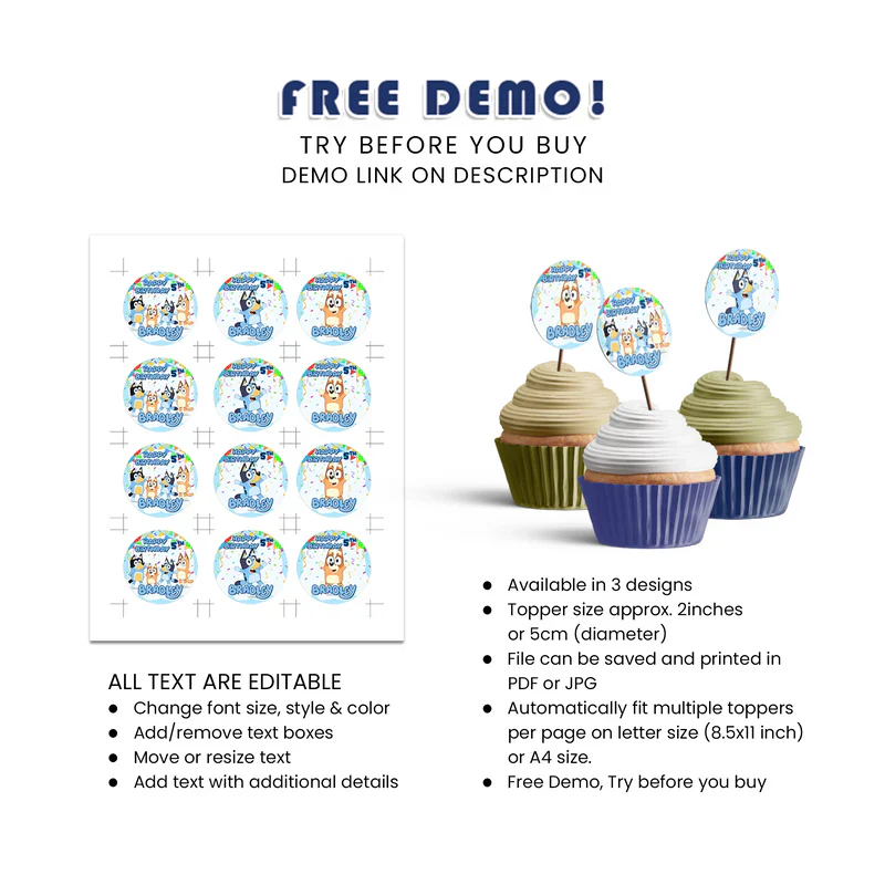 Bluey Personalized Cupcakes Toppers