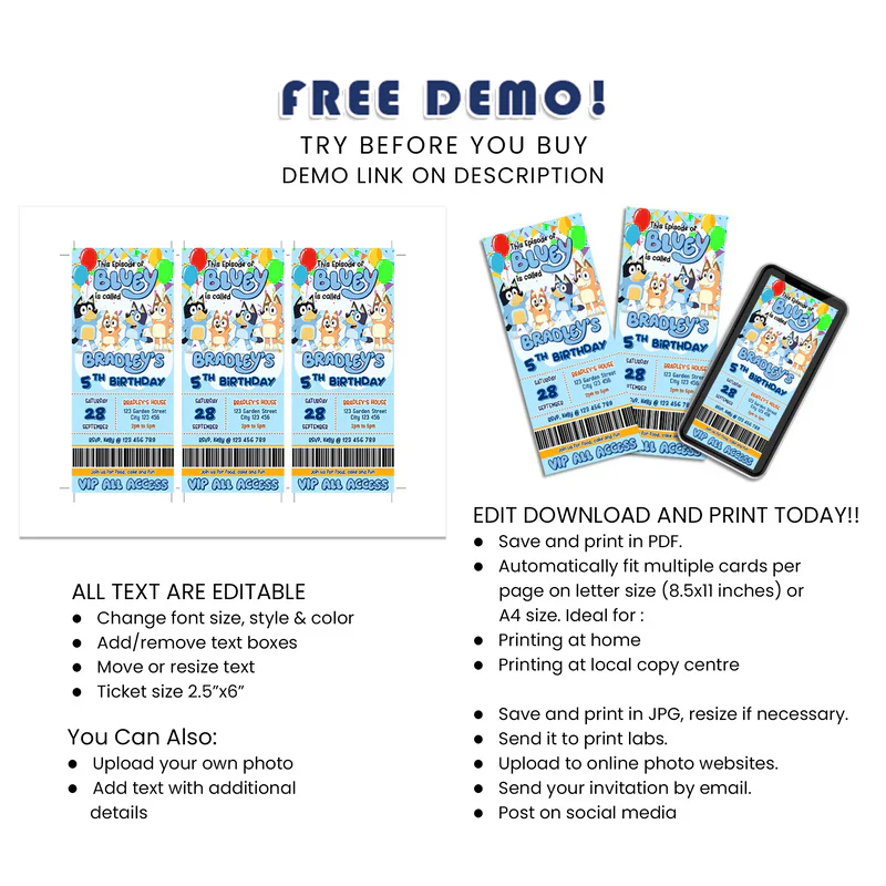 Bluey Personalized Birthday Ticket Invitations