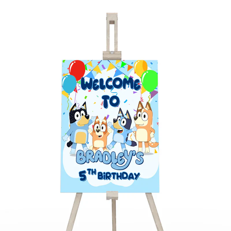 Bluey welcome sign with playful cartoon header and personalized greeting on poster