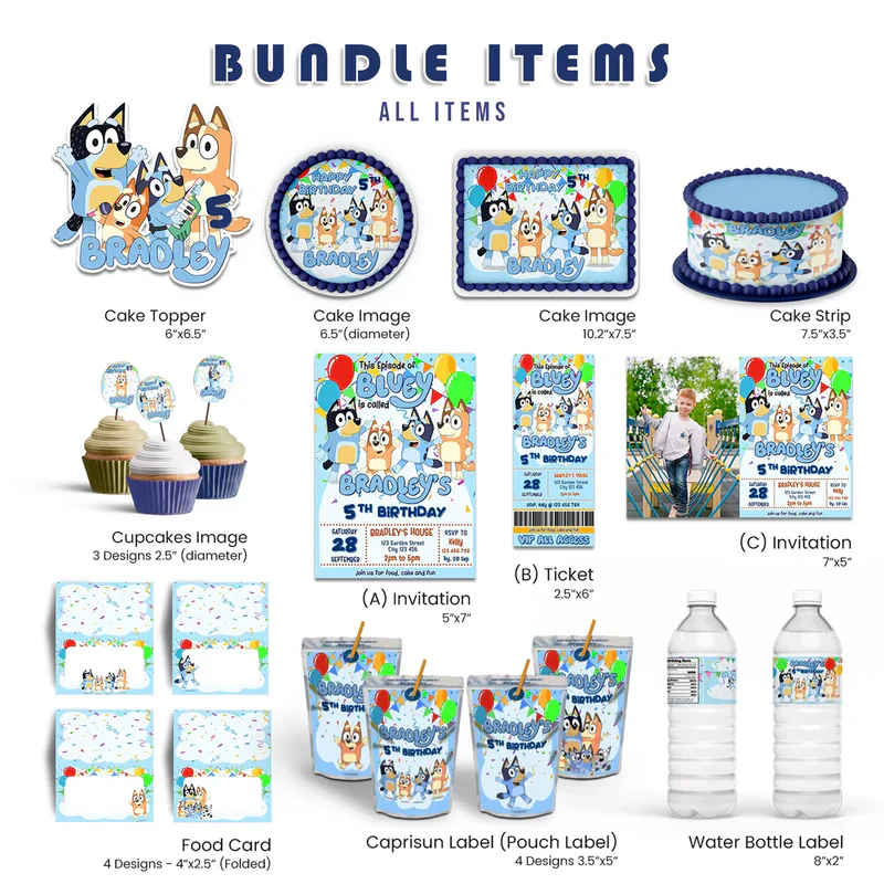 Bluey party pack digital template with personalized labels and decorations on white background