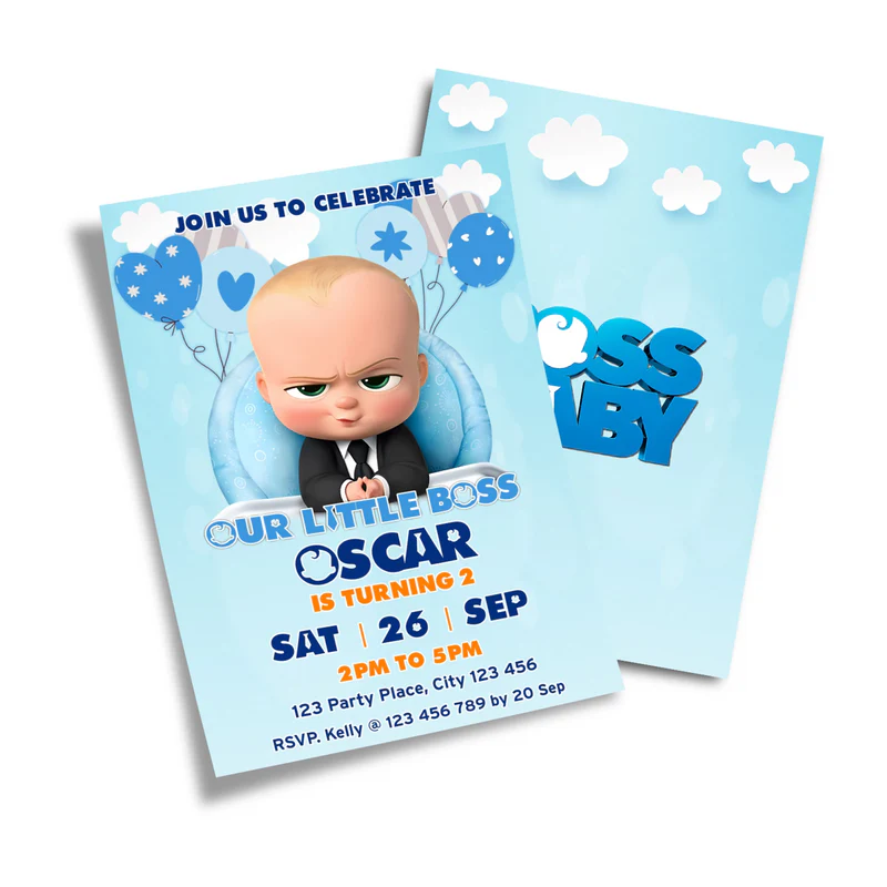 The Boss Baby birthday invitations with blue and black suit design printed on glossy cardstock on white background