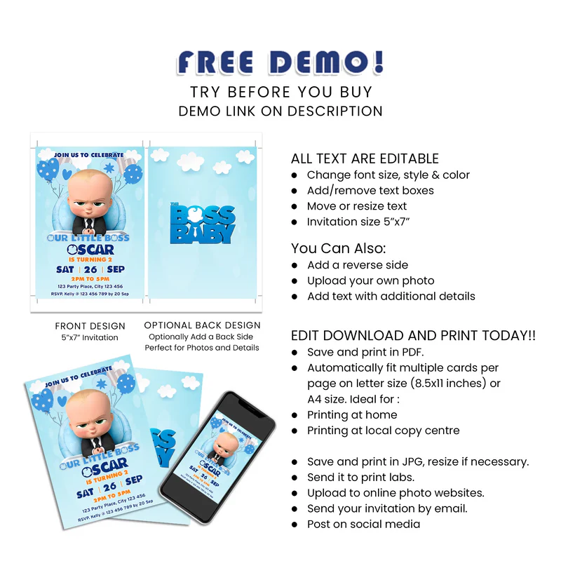 The Boss Baby Birthday Card Invitations Personalized Set
