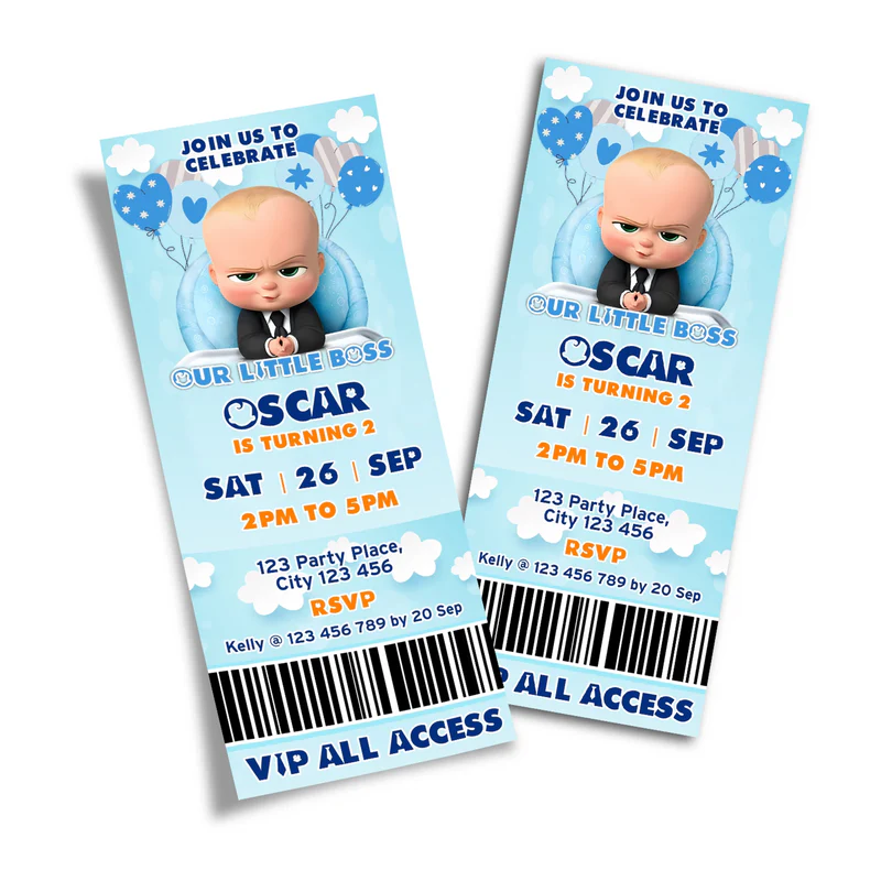 The Boss Baby birthday ticket invitations with barcode-style layout and event details printed on card