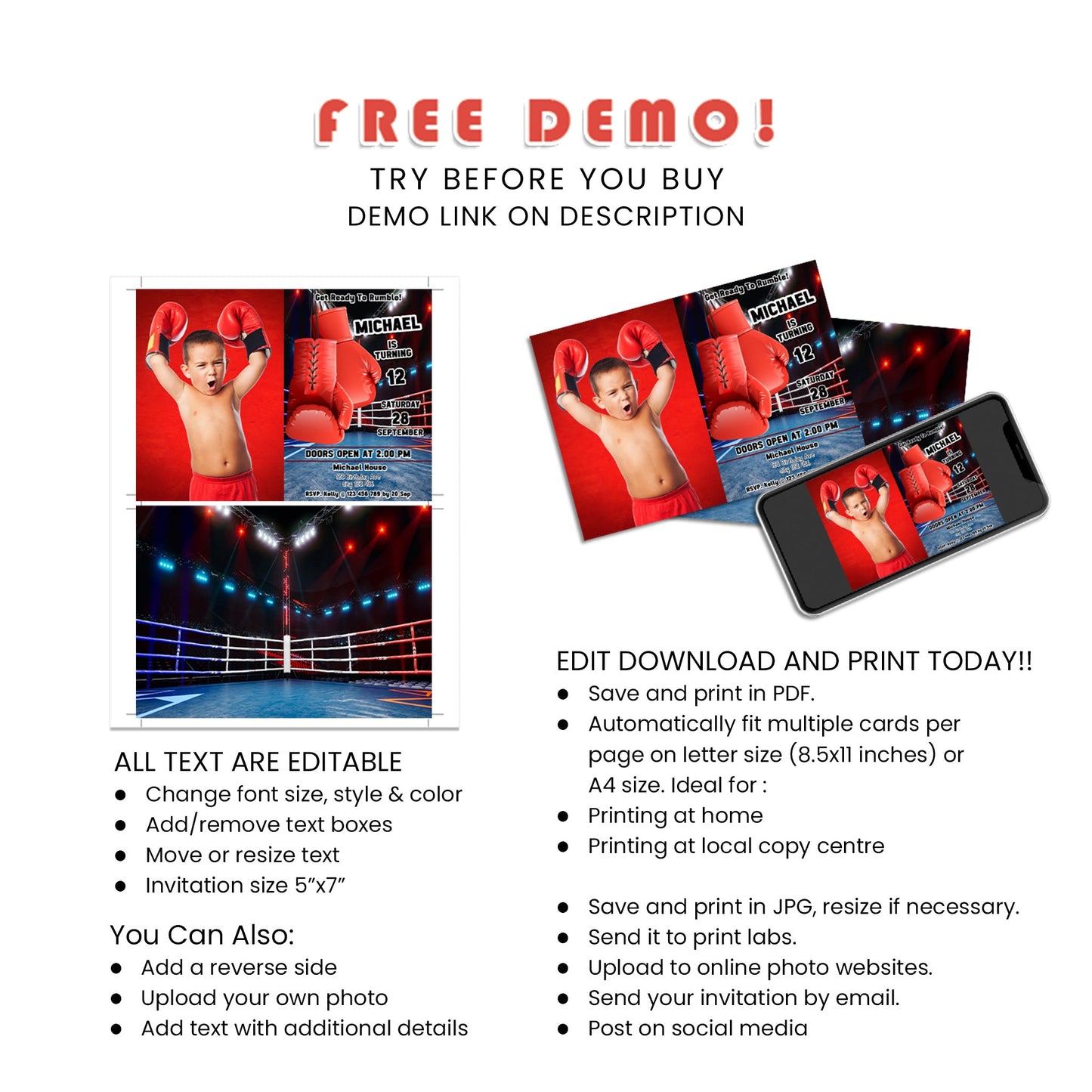 Personalized Photo Card Invitations with Boxing Theme - Make Your Invitations Memorable