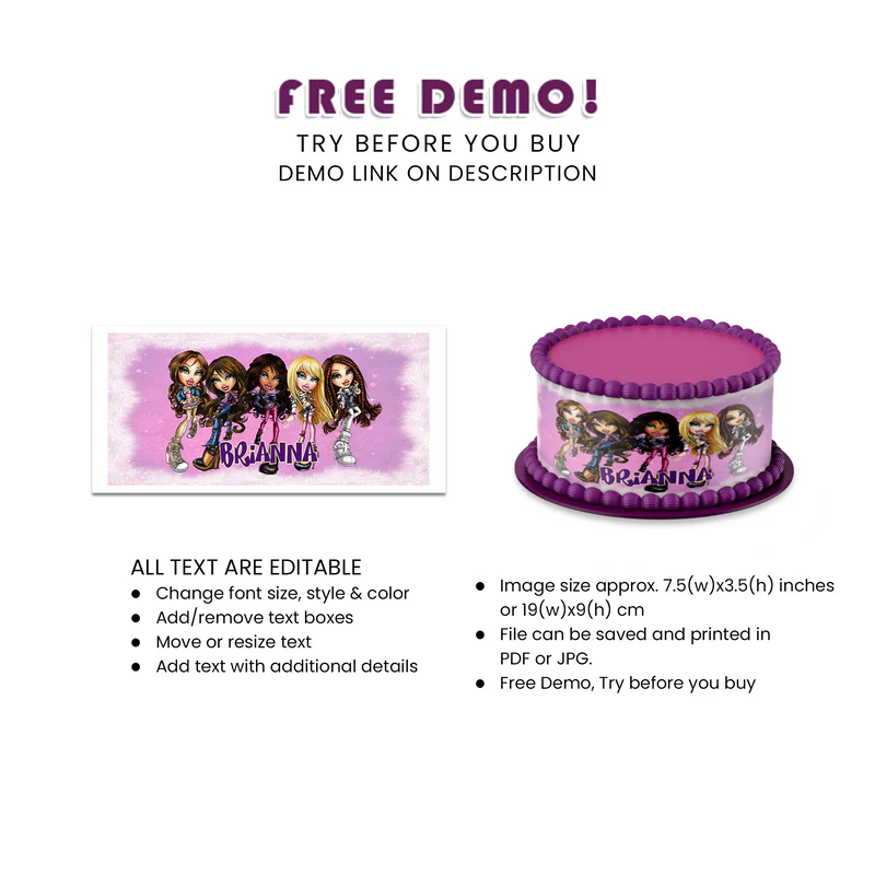 Bratz Personalized Edible Cake Strips | Cake Wraps | Printable Party Decor