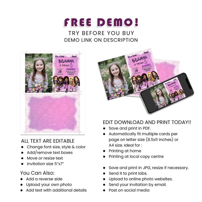 Bratz Personalized Photo Card Invitations | Custom Invite | Instant Download