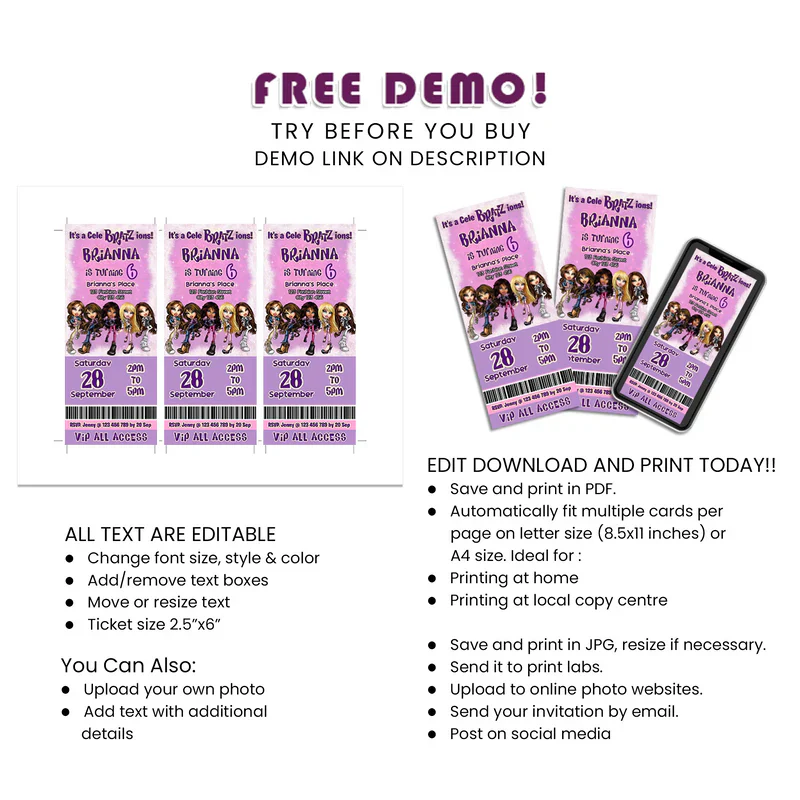Bratz Personalized Birthday Ticket Invitations | Editable Party Invite