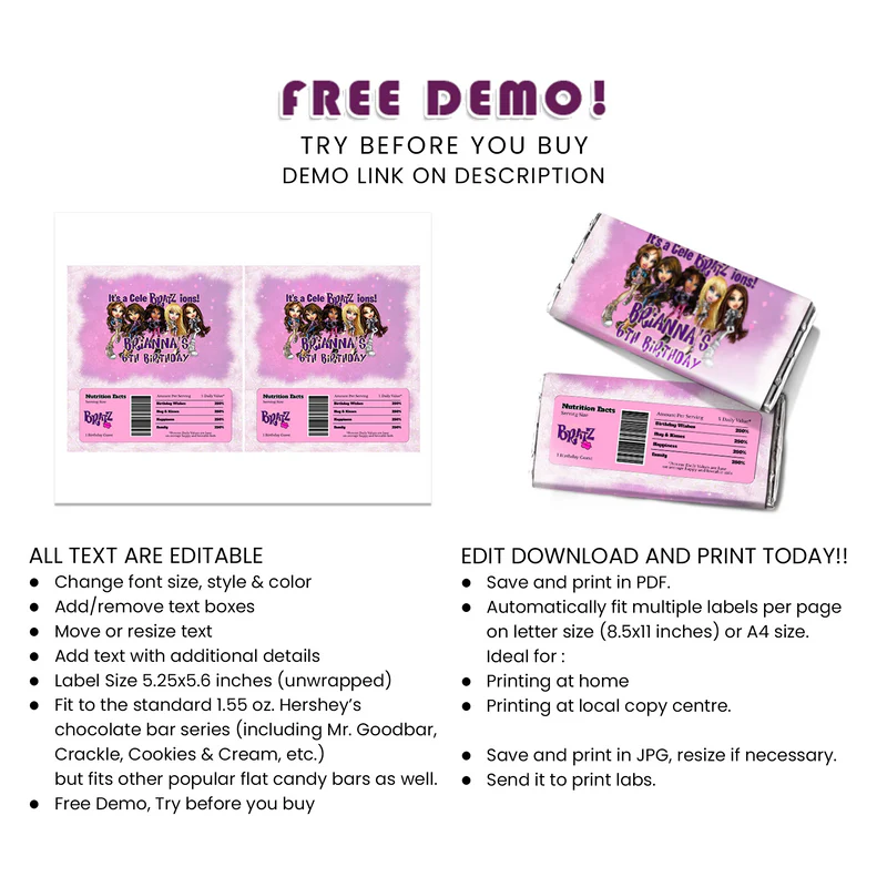 Bratz Chocolate Label | Candy Bar Wraps | Printable Party Favor