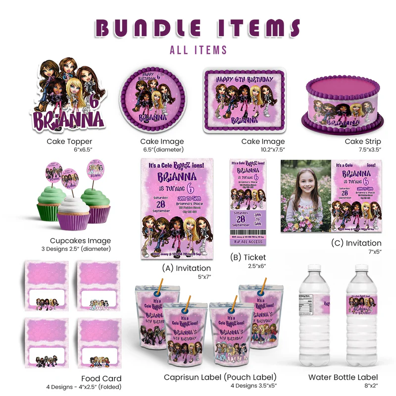 Bratz themed digital party pack template with editable design