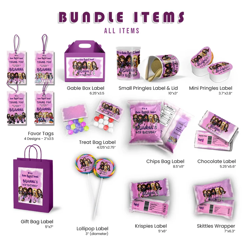 Bratz Birthday Decorations, Fashion Doll Party Supplies, Bratz Cloe Themed, Yasmin, Jade, Sasha Digital Template, Editable Bratz Image SVG PNG