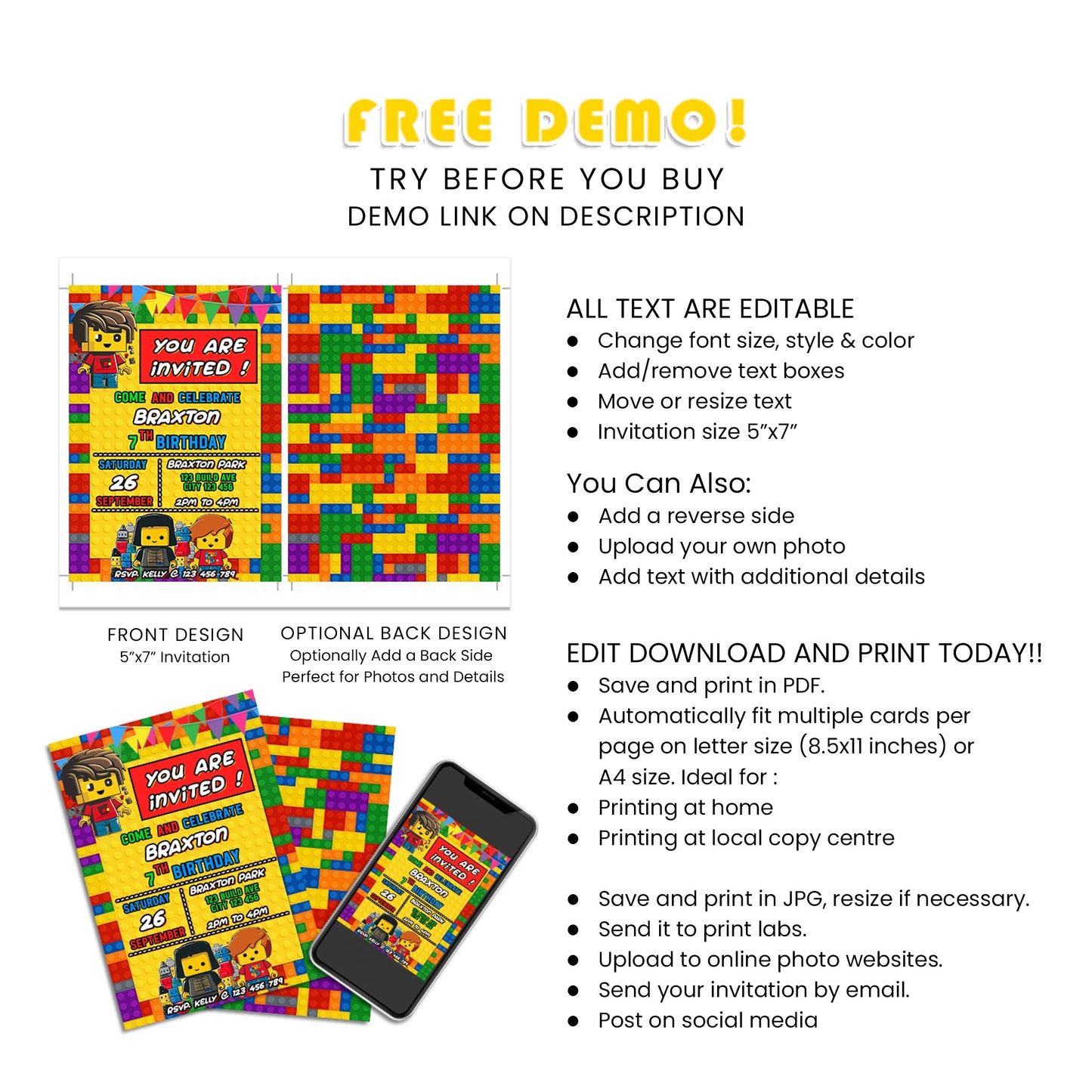 Birthday Card Invitations with Lego Personalization - Invite Your Guests in Style