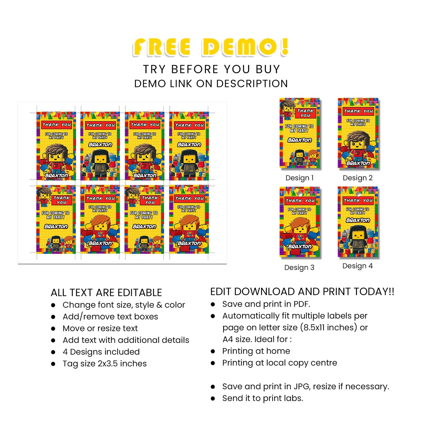 Favor Tags/Thank You Tags with Lego Theme - Show Your Appreciation