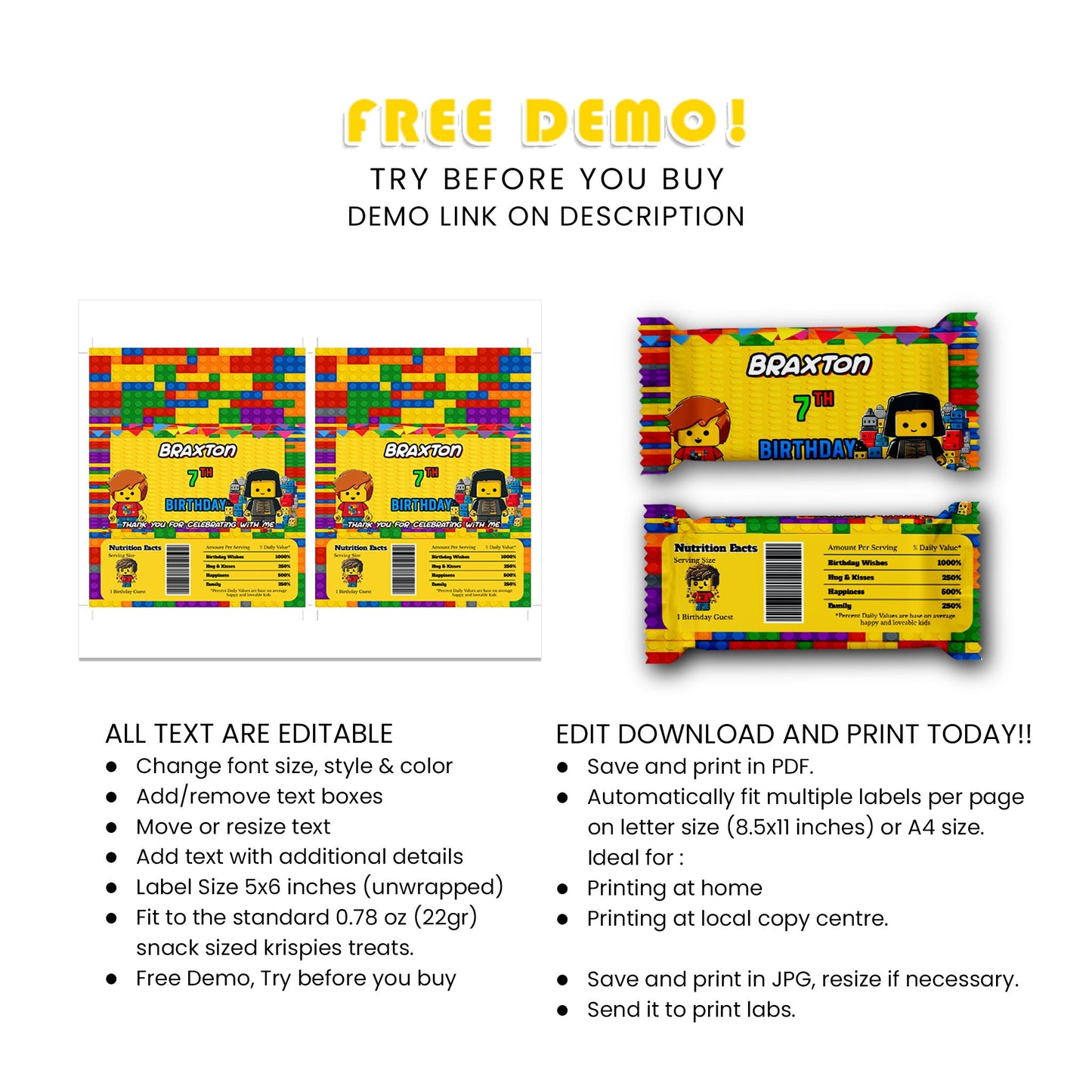 Rice Krispies Treats Label & Candy Bar Label with Lego Design - Add Fun to Your Party