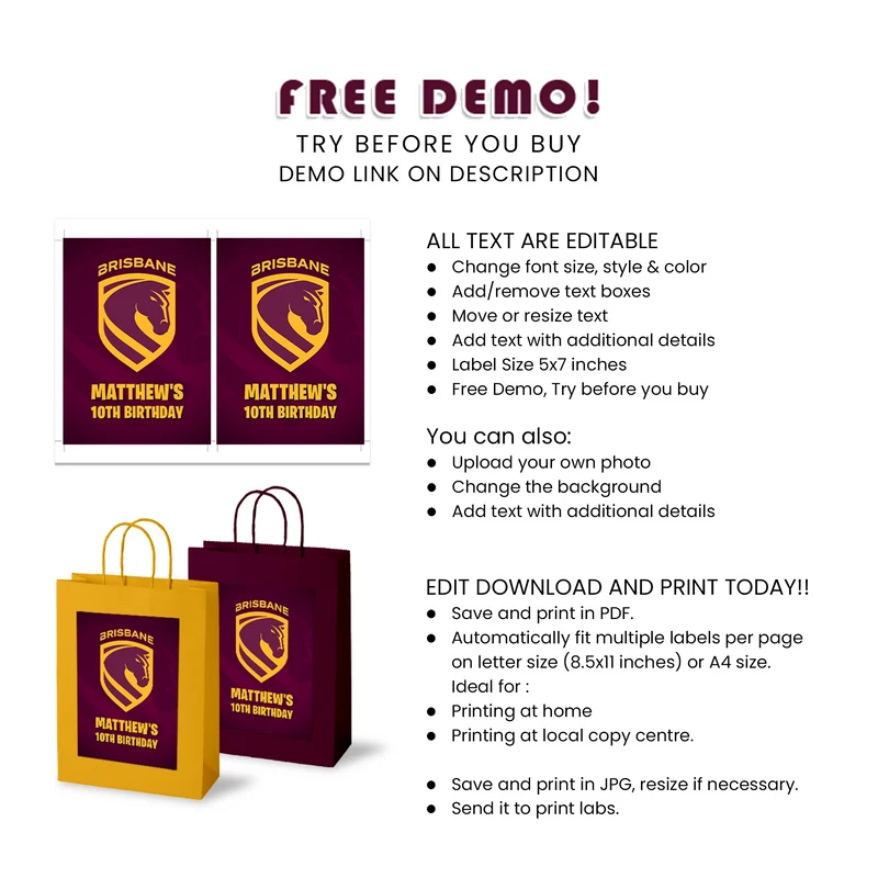 Brisbane Broncos Goodie Bag Label Printable Digital Download