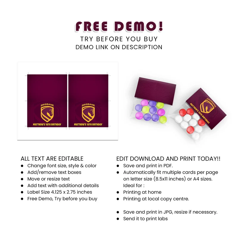 Brisbane Broncos Treat Bag Topper Label Printable Digital Download