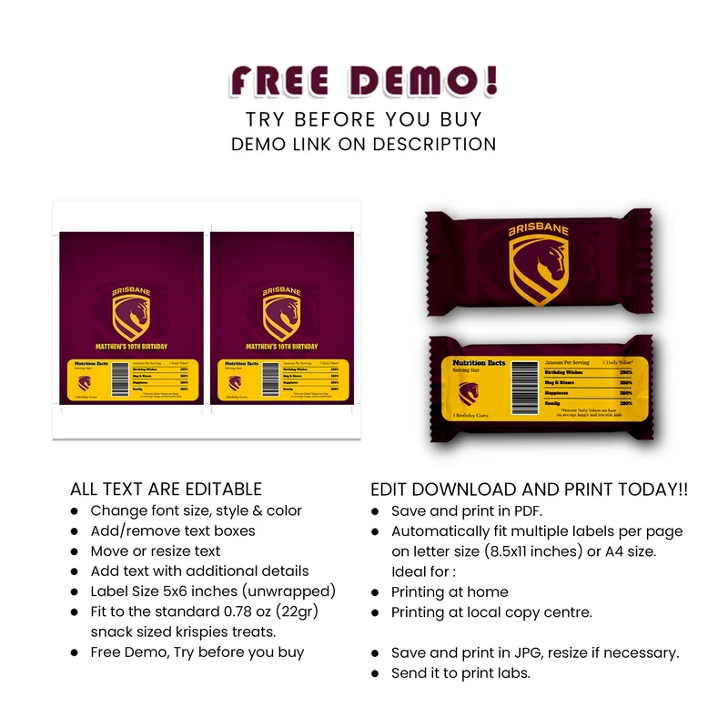 Brisbane Broncos Rice Krispies Treats Label & Candy Bar Label Digital Download