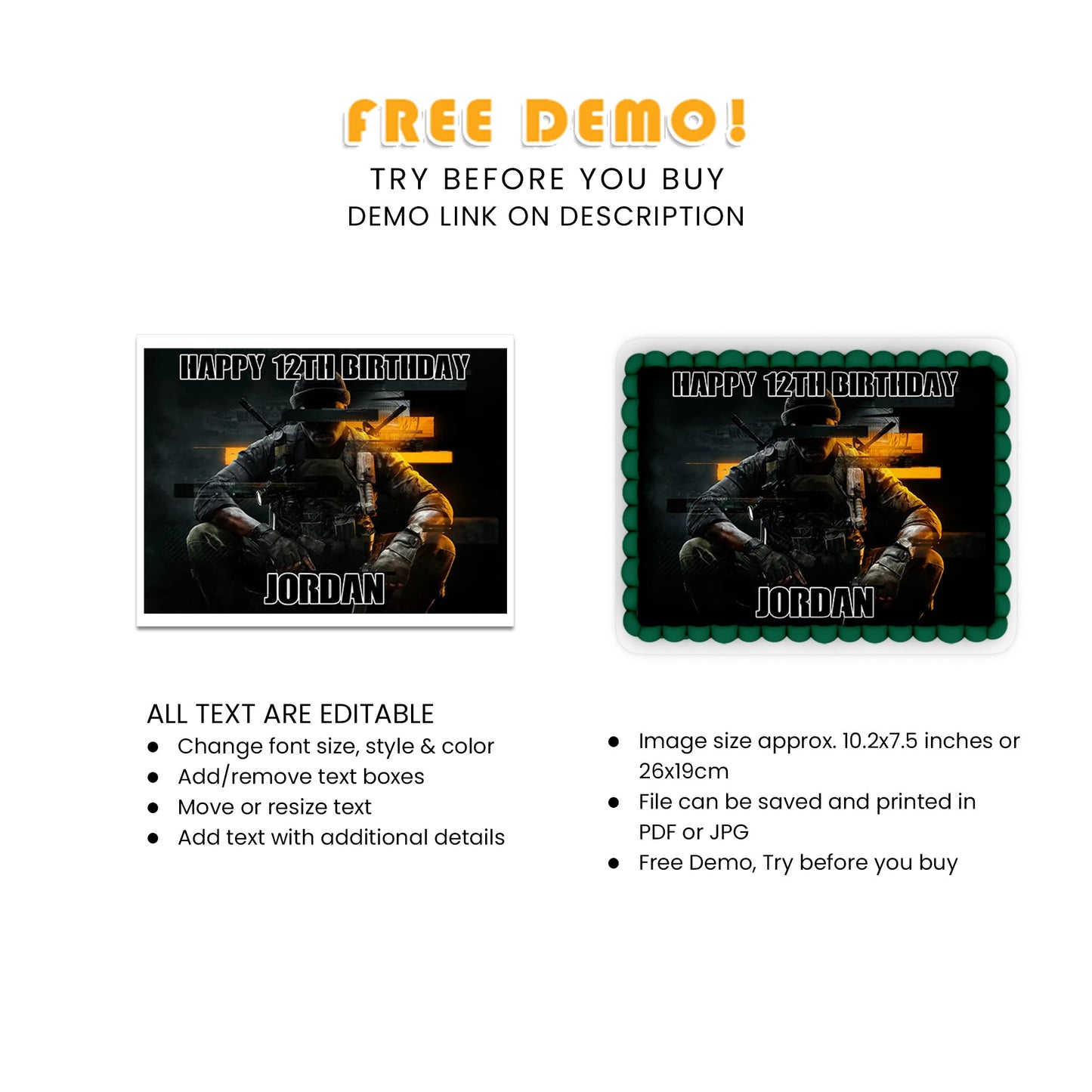 Call of Duty Personalized  Sheet Cake Topper - - Custom  Cake Toppers for Call of Duty Themed Parties