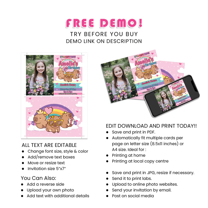 Capybara Personalized Photo Card Invitations - Custom Birthday