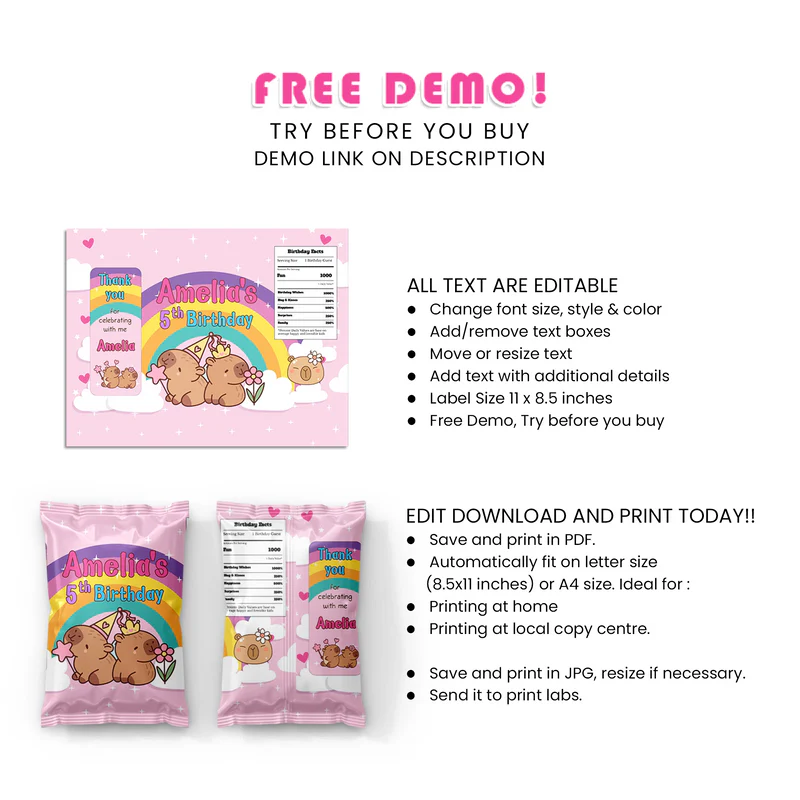 Capybara Chips Bag Label - Personalized Party Snack Wraps