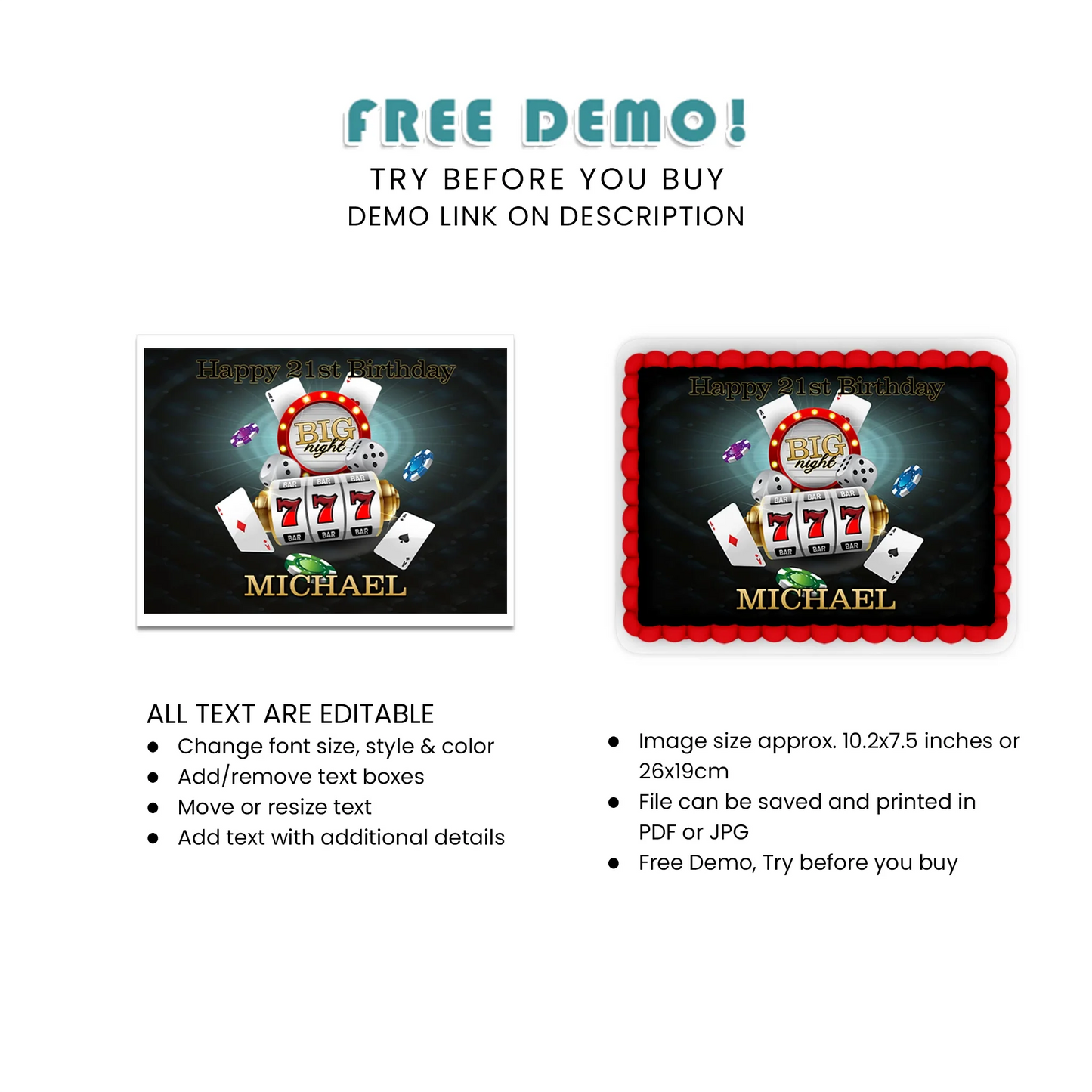 Casino Personalized Sheet Cake Topper - - Personalized Sheet Cake Toppers for Casino Parties