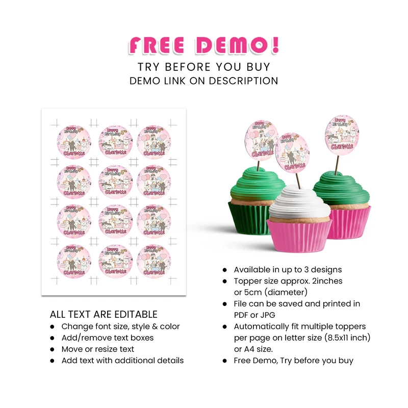Cats & Kittens Personalized Cupcakes Toppers Digital Download