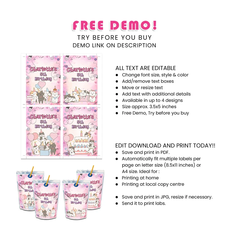 Cats & Kittens Juice Pouch Label Printable Digital Download