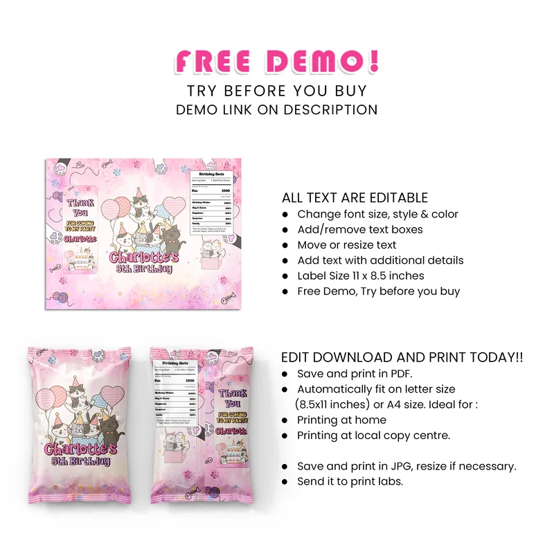 Cats & Kittens Chips Bag Label Printable Digital Download