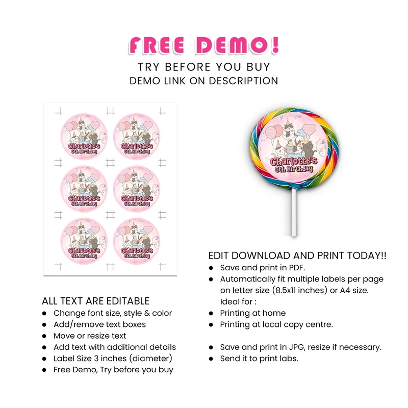 Cats & Kittens Lollipop Label Printable Digital Download
