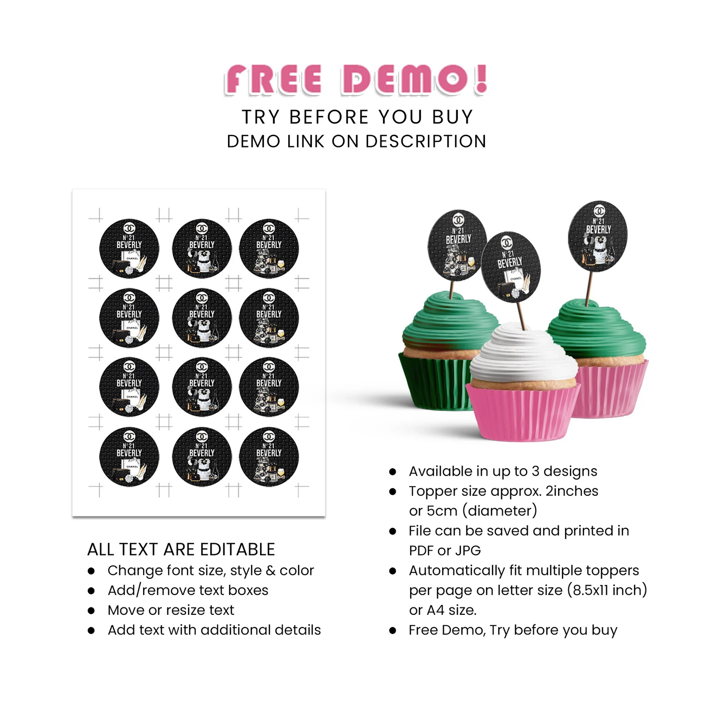 Chanel Inspired Personalized Cupcake Toppers Chic Style