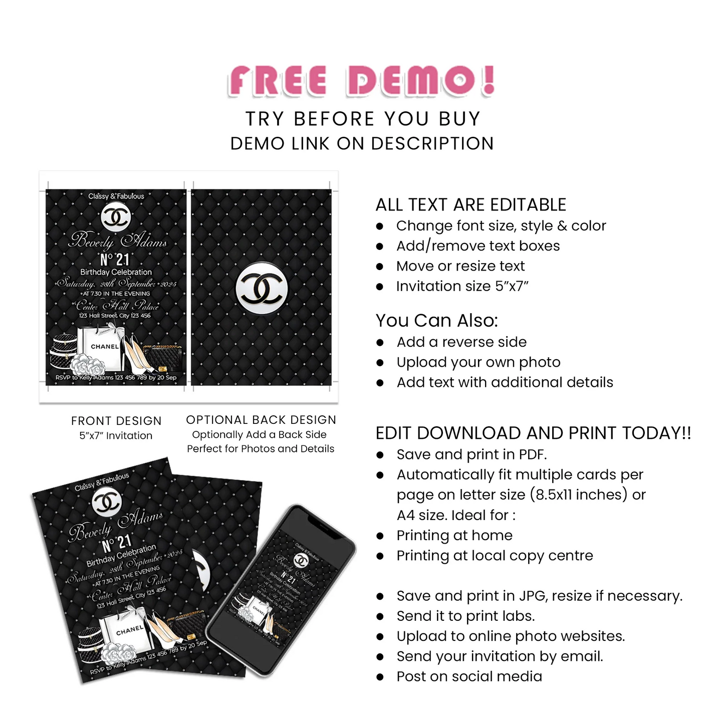 Buy Chanel Inspired Personalized Birthday Card Invitations