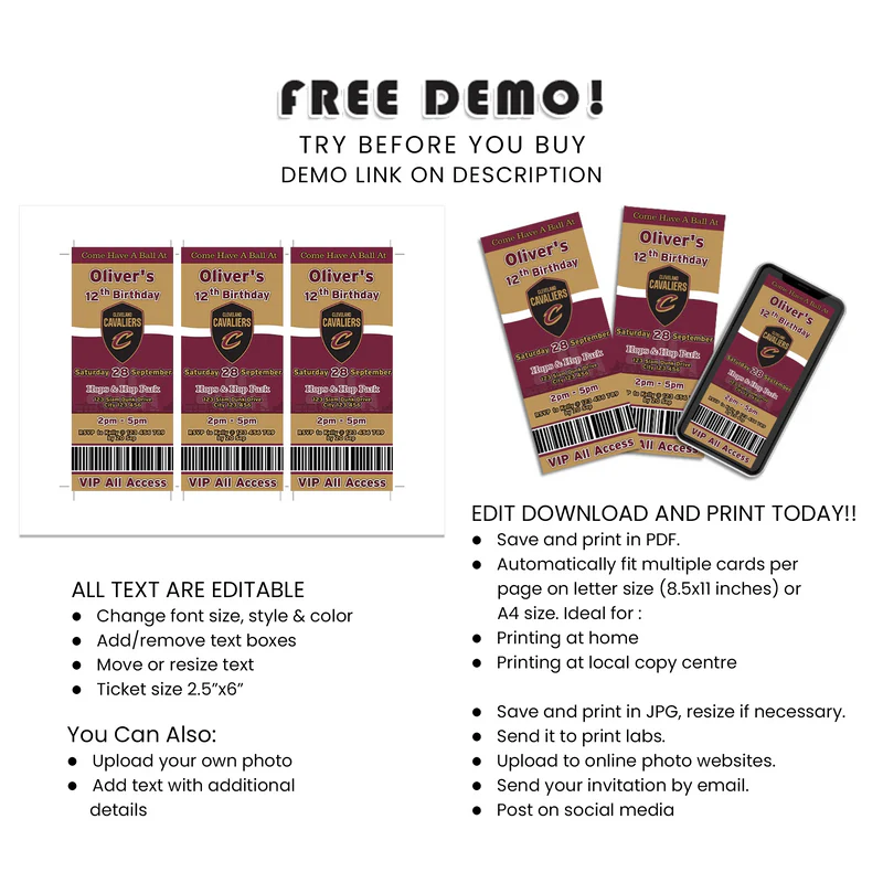 Cleveland Cavaliers Birthday Ticket Invitations Editable Party Set