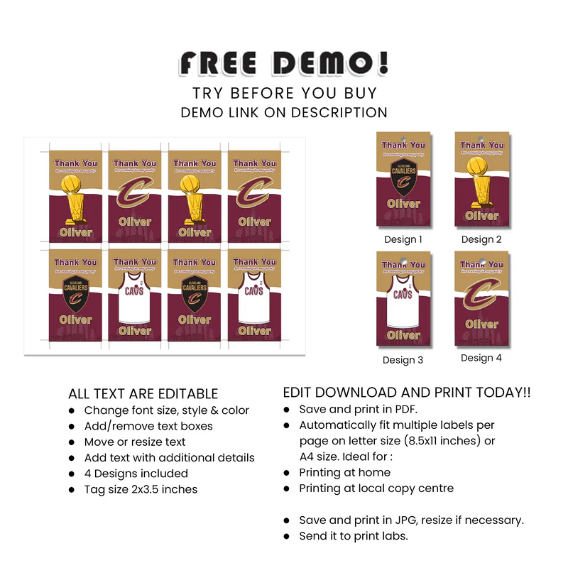 Cleveland Cavaliers Favor Tags Personalized Basketball Labels