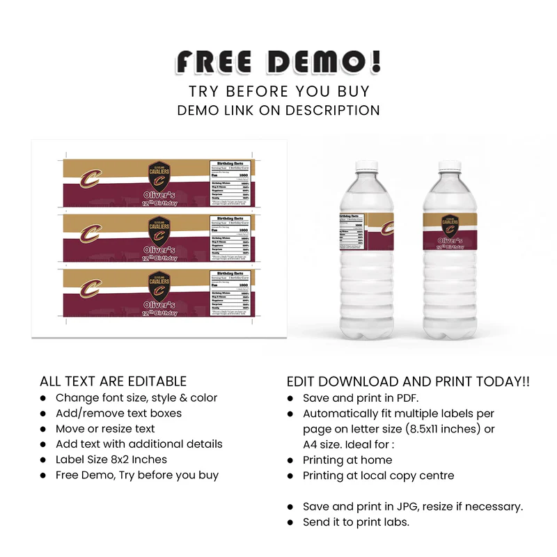 Cleveland Cavaliers Water Bottle Label Custom Party Decor