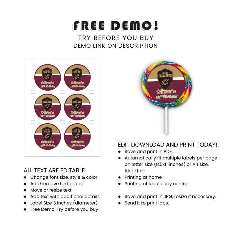 Cleveland Cavaliers Lollipop Label Custom Round Party Sticker
