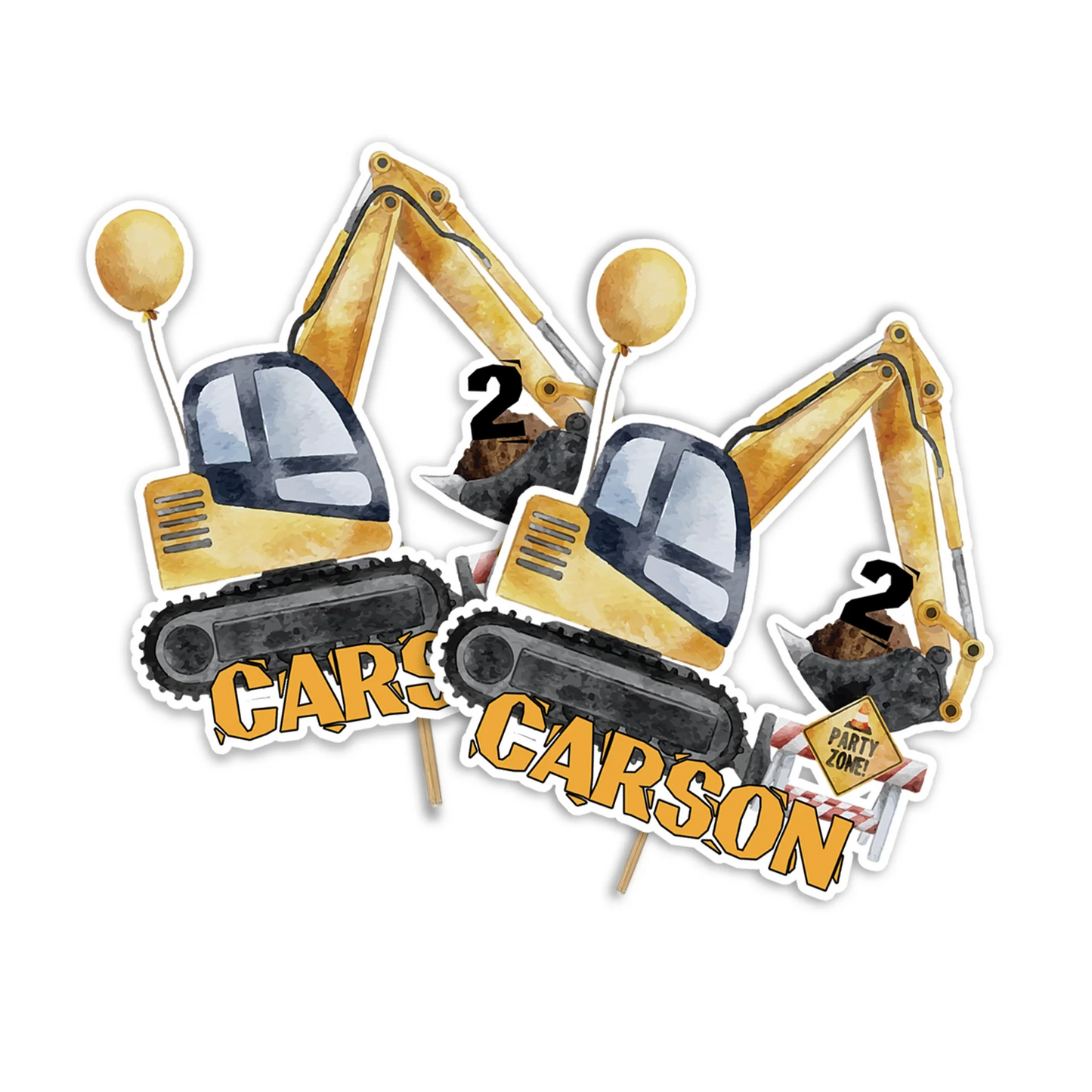 Personalized cake topper featuring construction theme and custom name