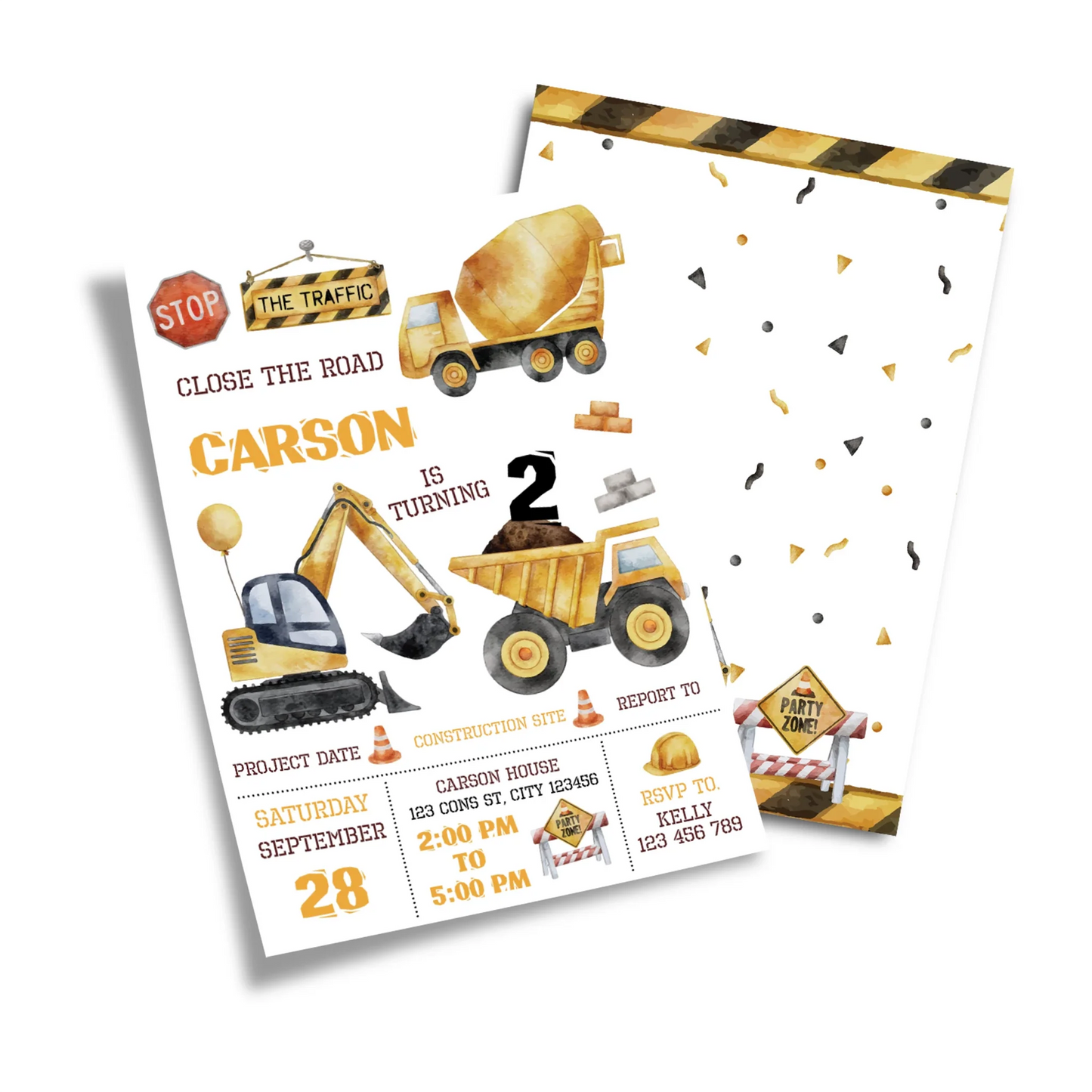 Birthday card invitation with construction theme and customizable details
