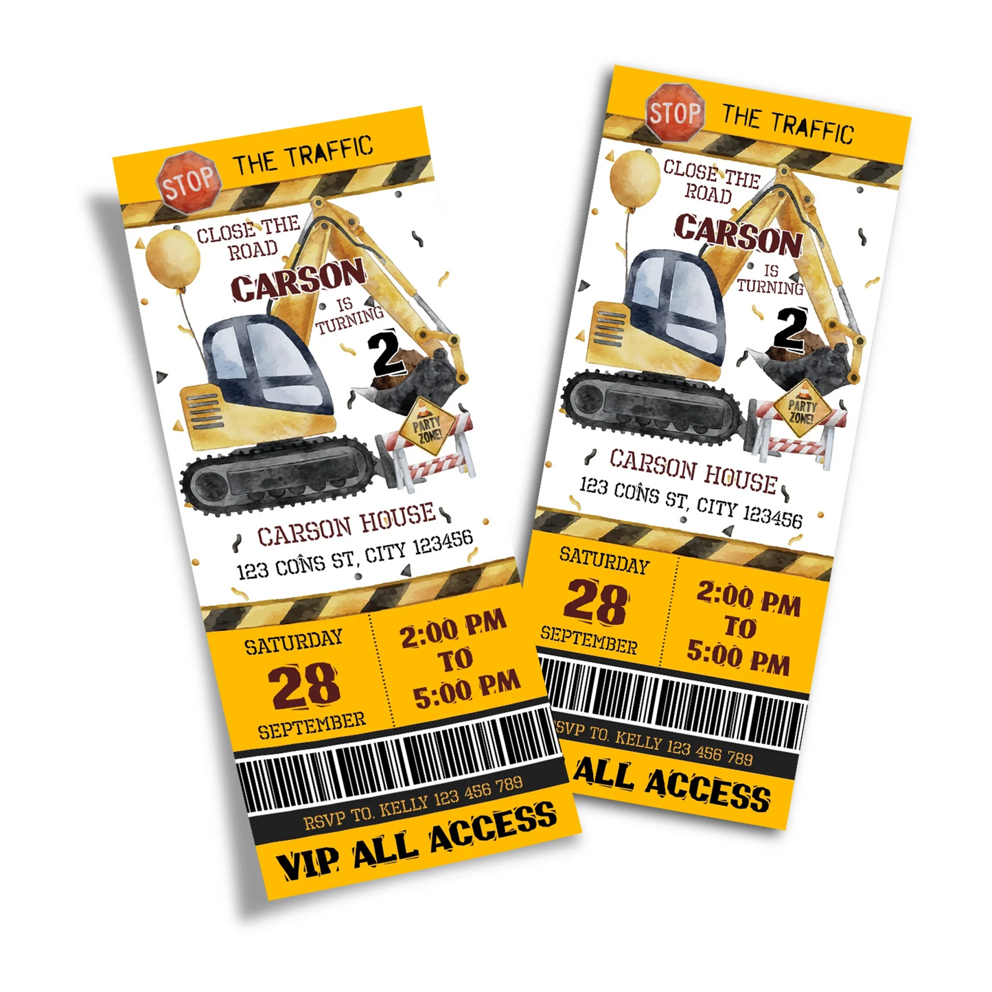 Birthday ticket invitation with a fun construction theme and custom information