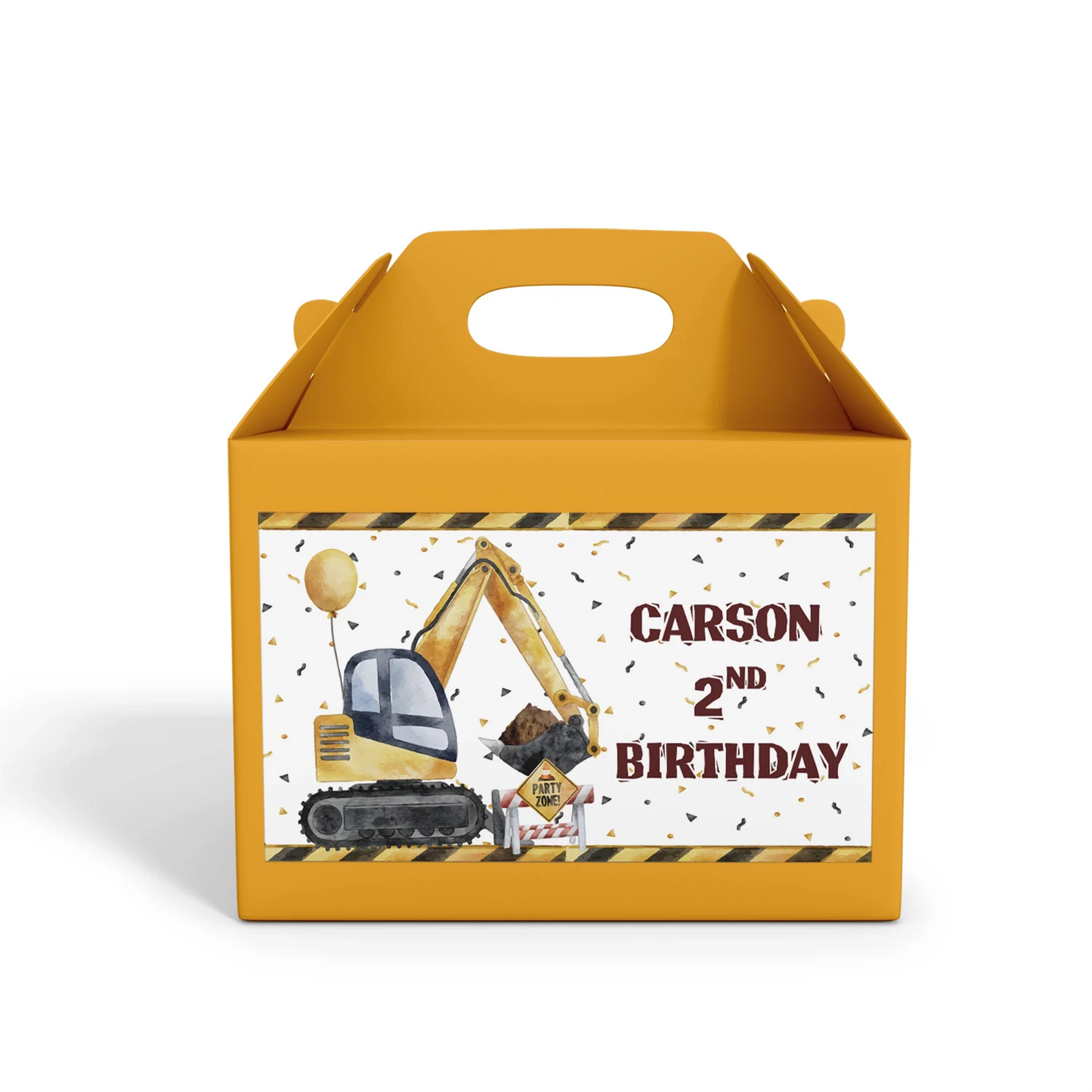 Treat box label showcasing construction elements and customizable information