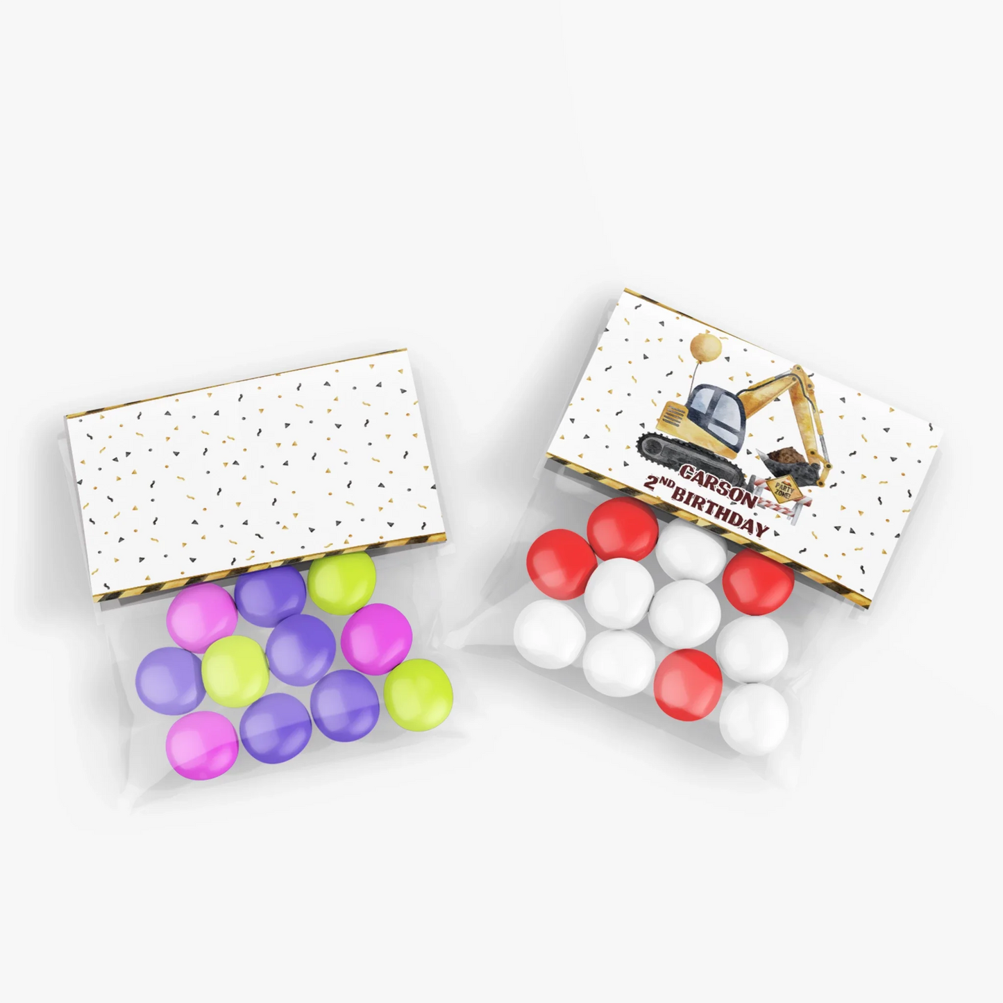 Treat bag topper label designed with construction graphics and personalized message
