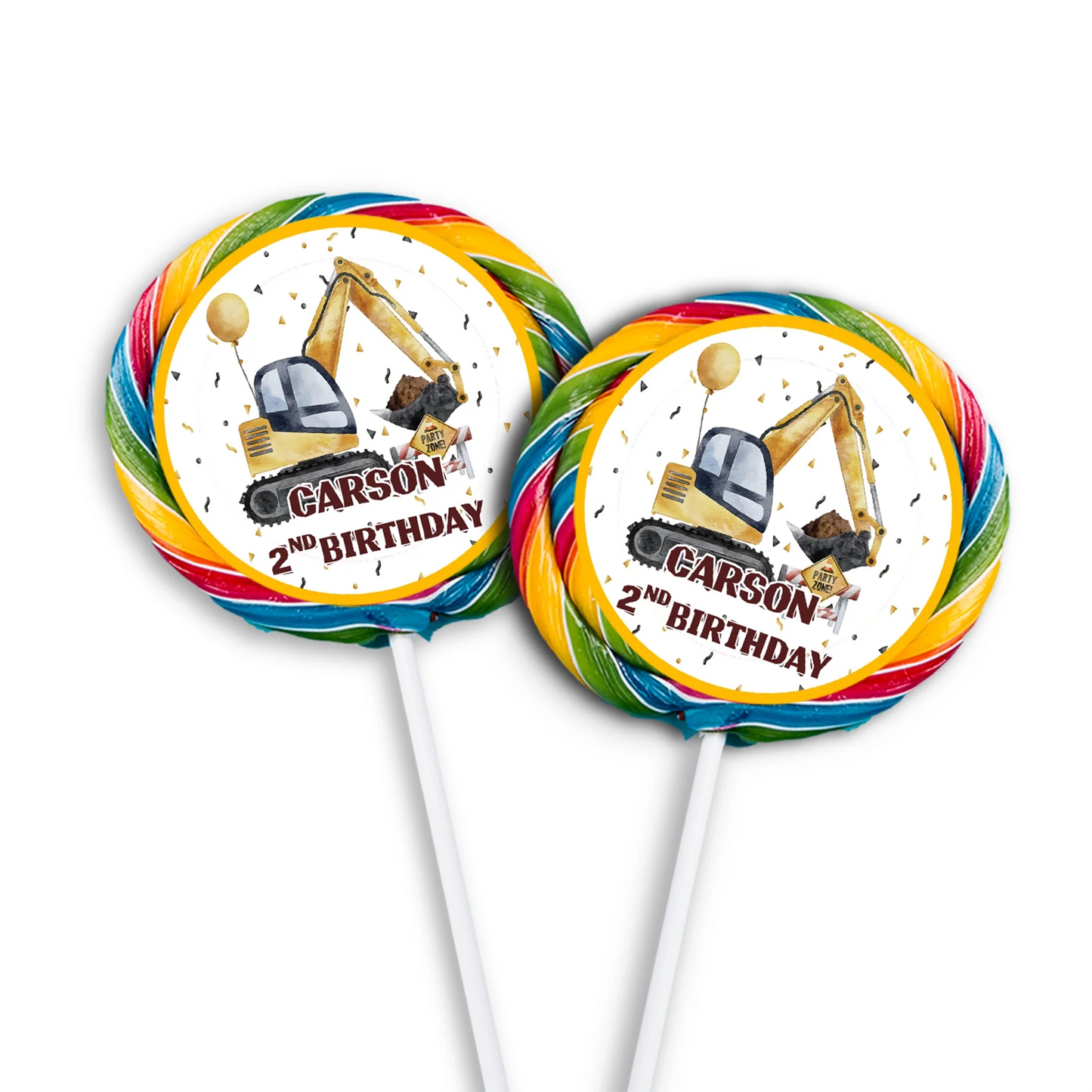 Lollipop label showcasing construction designs and personalized details