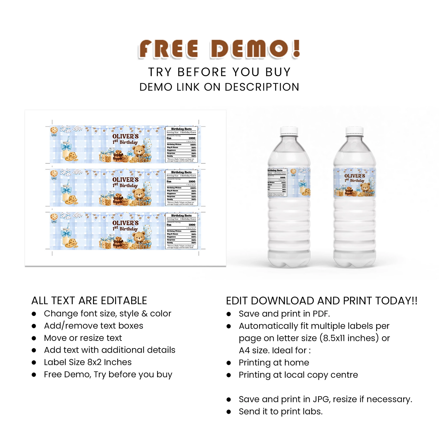 Cookies & Milk Water Bottle Label Birthday Drink Wraps